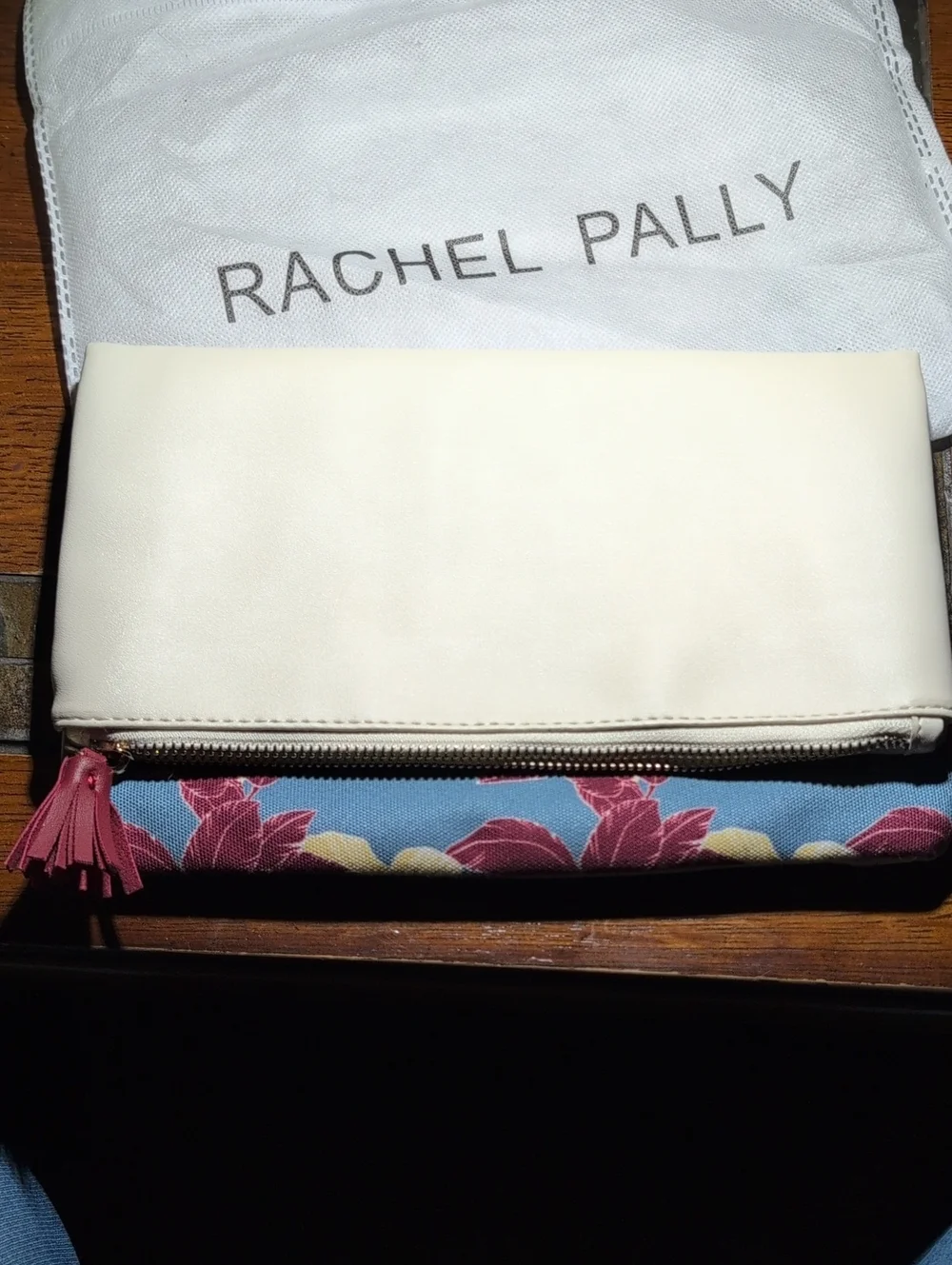 Rachel Pally Cream Fold-Over Clutch with Blue Floral Trim